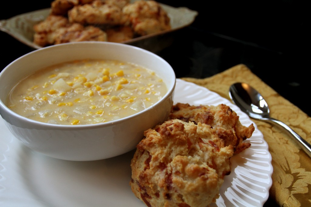 corn chowder and cheddar drop biscuits